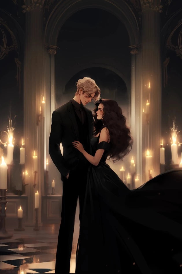 illustration of a blonde man and a long curly brown haired woman, both dresses in black formal clothes, in an elegant ballroom 