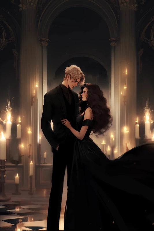 illustration of a blonde man and a long curly brown haired woman, both dresses in black formal clothes, in an elegant ballroom 