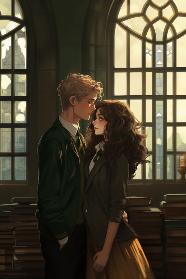 illustration of a long curly brown haired woman and a blonde haired man, looking at each other, library setting 