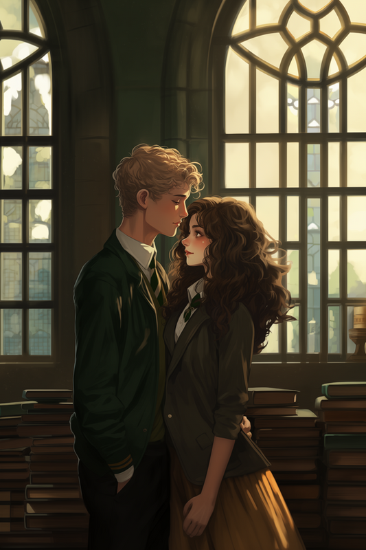 illustration of a long curly brown haired woman and a blonde haired man, looking at each other, library setting 