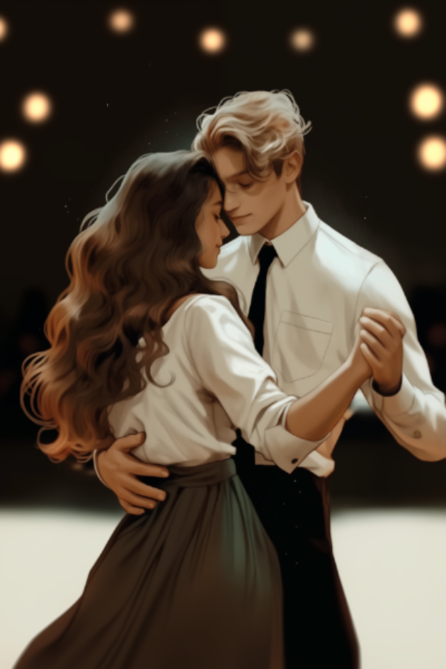 a blonde haired man dancing with a long curly brown haired woman